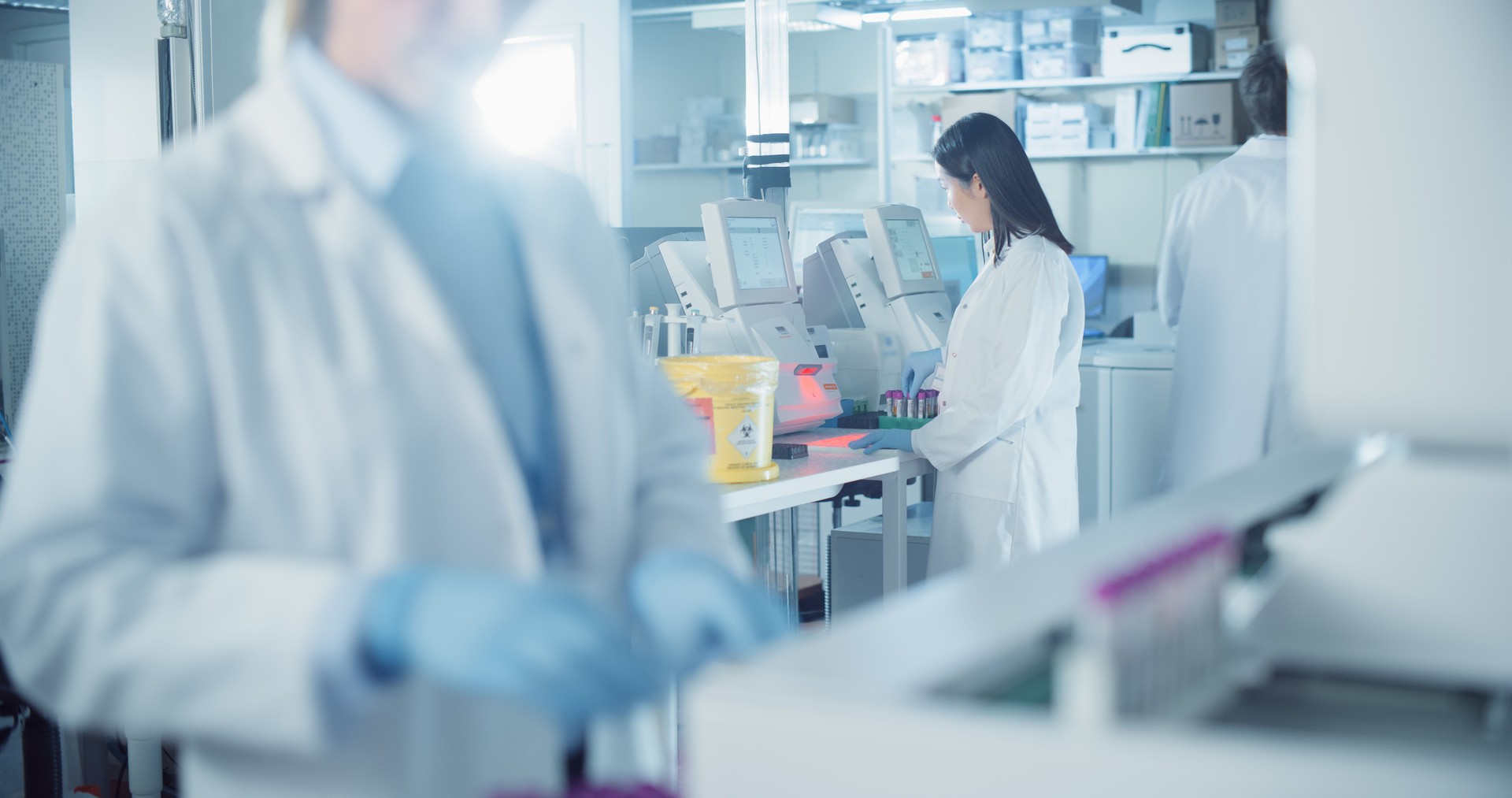 Asian Biomedical Scientist Testing Out Clinical Specimens to Obtain Information About Patient Health and Help with Treatment. Diverse Team Working in a Clinical Laboratory